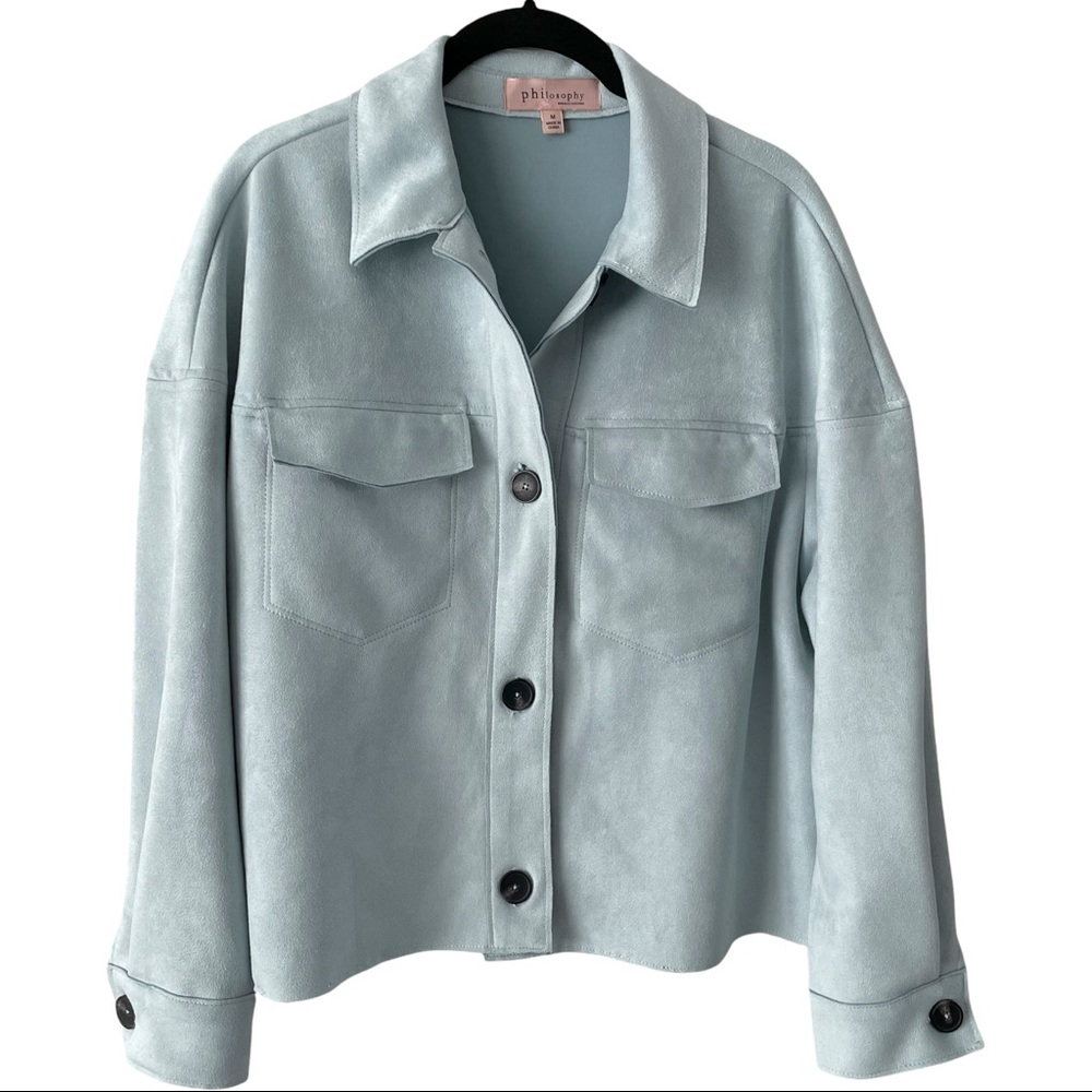 Philosophy Pastel Blue Crop Jacket Faux Leather Shacket Womens Medium